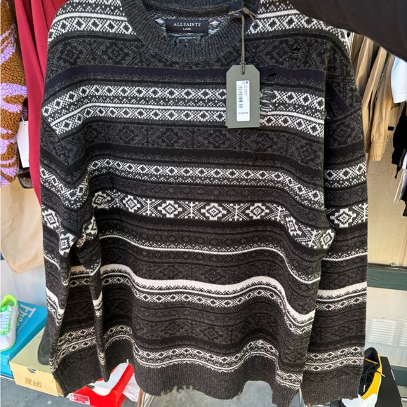 AllSaints Halldor Oversize Distressed Stripe Wool Blend Crewneck Sweater - Picture 4 of 6